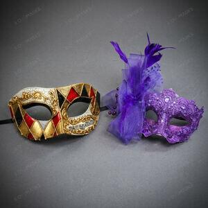 Venetian Harlequin Lace Mardi Gras Masquerade Halloween Party Mask Gold Purple